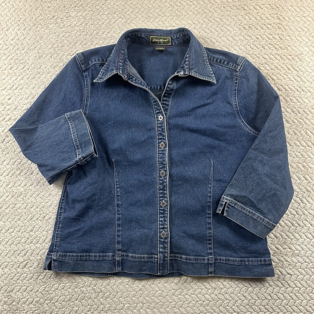 EDDIE BAUER Denim Shirt 3/4 Sleeve Women's Medium Garden Western Barn‎ Farm Wear